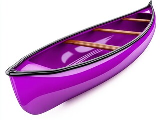 Purple canoe with brown wooden seats, isolated on white background. Glossy finish, sleek design.