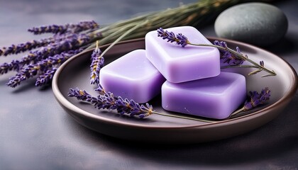 lavender scented glycerin soaps placed on a ceramic dish with smooth stones and fresh lavender sprigs