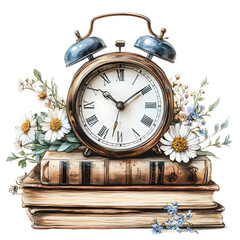 Naklejka premium Vintage Alarm Clock on Books with Floral Arrangement , Watercolor Illustration