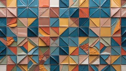 Multicolored ceramic wall tile design featuring geometric triangles in teal, orange, and beige arranged in a textured abstract pattern.