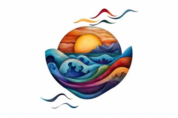 A modern and colorful abstract design featuring a circular ocean wave and sunset, with flowing decorative elements. A stylized digital artwork inspired by nature.