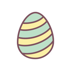 Cute easter egg icon. Hand drawn illustration of a painted egg with green and yellow stripes isolated on a white background. Kawaii spring sticker. Vector 10 EPS.