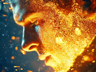 Thiamine energy supplement. Metabolism foods. A person feeling energized after taking thiamine supplement.