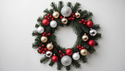 Rustic Christmas wreath featuring red gold and silver ornaments arranged in a circular design on a white background with ample copy space