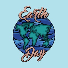 Earth Day with Globe, Wave and Tree Vector Vintage Abstract Artistic Style