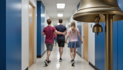 School hallway with a prominently featured round metal bell, students rushing past, energy of transition between classes