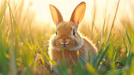 Fototapeta premium Adorable bunny in tall grass at sunrise