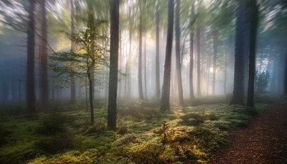 Obraz premium Abstract blurred forest background with a misty depth effect, creating a calming and atmospheric nature scene. Perfect for serene designs and nature-inspired projects.