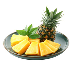 Pineapple with slices on a plate, isolated on transparent background. PNG with clipping path