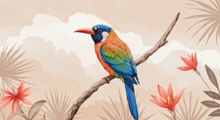 Obraz premium Vibrant tropical bird perched on a branch amidst soft clouds and colorful flowers in a serene landscape - tropical dry broadleaf forest