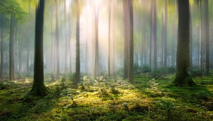 Abstract blurred forest background with a misty depth effect, creating a calming and atmospheric nature scene. Perfect for serene designs and nature-inspired projects.