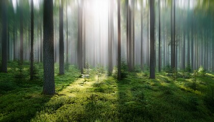 Fototapeta premium Abstract blurred forest background with a misty depth effect, creating a calming and atmospheric nature scene. Perfect for serene designs and nature-inspired projects.
