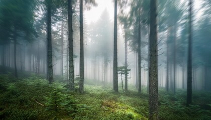 Obraz premium Abstract blurred forest background with a misty depth effect, creating a calming and atmospheric nature scene. Perfect for serene designs and nature-inspired projects.