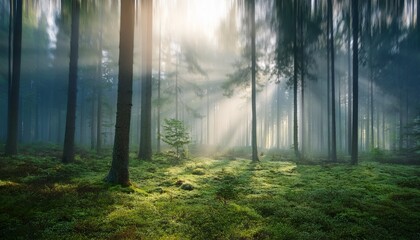 Obraz premium Abstract blurred forest background with a misty depth effect, creating a calming and atmospheric nature scene. Perfect for serene designs and nature-inspired projects.