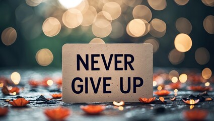 Bokeh background with soft golden and warm hues highlights a textured card reading NEVER GIVE UP placed centrally, creating inviting copyspace.