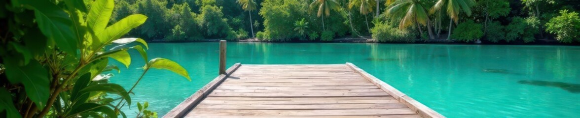 Rustic wooden dock extends over calm turquoise water, lush tropical foliage backdrop, water, turquoise