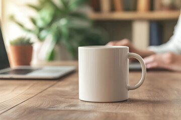 Fototapeta premium Glossy white ceramic mug on a rustic wooden desk with a blurred office background. Perfect for branding, product showcases, and design presentations. Warm and photorealistic