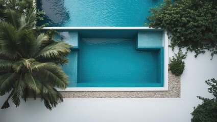 Aerial view of a modern swimming pool with turquoise water, surrounded by greenery and white concrete, featuring a unique geometric design.