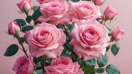Fototapeta premium Bunch of lush pink roses arranged in a bouquet against a soft pastel pink background with vibrant green leaves prominently placed.