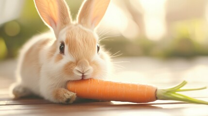 Fluffy rabbit holding carrot, adorable domestic bunny with soft fur in a cozy setting, perfect for whimsical themes.