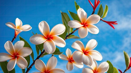 Naklejka premium Plumeria blossoms in shades of white and orange against a bright blue sky with scattered clouds and vibrant green leaves in the foreground.