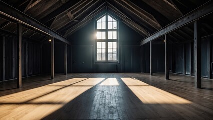 Spacious loft room featuring dark hues, illuminated by sunlight streaming through a large window, showcasing an open layout with wooden floors.