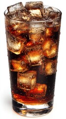 Close up of a tall glass filled with a dark brown carbonated beverage and ice cubes. The ice is melting, causing bubbles to rise to the surface. The background is plain white.