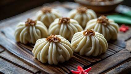 Traditional Southeast Asian festive treat displayed on a rustic wooden surface, featuring eight intricately designed dumplings, low light ambiance.