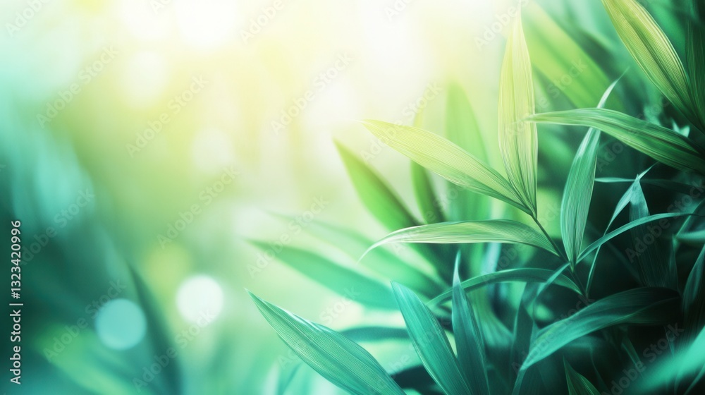 Poster tropical foliage with vibrant palm leaves in green and teal tones immersed in a soft gradient backgr