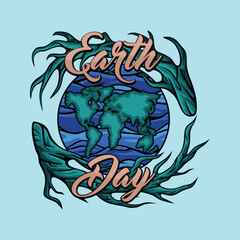 Earth Day with Globe, Wave and Tree Vector Vintage Abstract Artistic Style
