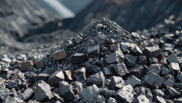 Close-up view of nickel ore saprolite piles in an open-pit mine showcasing dark grey tones with reflective surfaces against a blurred mineral background.