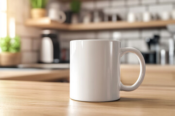 Fototapeta premium Glossy white ceramic mug on a wooden countertop with a blurred kitchen background. Perfect for branding, product showcases, and design presentations. Warm and photorealistic