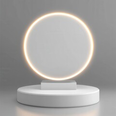 White circular platform with a glowing ring, minimalist design, clean background, studio lighting, product display, modern aesthetic.