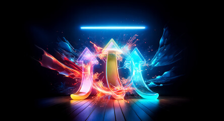Vibrant arrows in red, yellow, and blue hues point upwards, illuminated from below by a bright neon line on a dark stage. Energetic and luminous design elements.