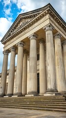 Fototapeta premium Classical architecture, imposing stone structure with tall columns and a grand entrance, under a partly cloudy sky. Light colored stone, detailed carvings, and weathered steps.
