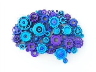 Abstract brain shape formed by blue and purple gears on a white background Concept of creativity and innovation 3D Rendering