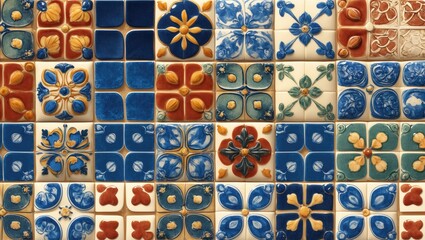Ceramic tile pattern featuring rich blues, warm oranges, and creamy whites arranged in a seamless grid for artistic wallpaper backgrounds.