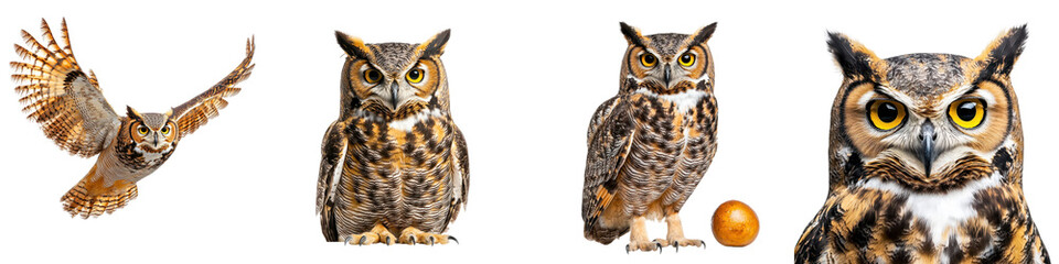 Fototapeta premium Captivating collection of portraits showcasing the majestic presence of owls perched in their natural forested habitat highlighting their sharp vigilant eyes