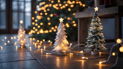 Cozy Christmas scene with LED string lights illuminating white and green miniature trees, golden bokeh background, warm tones, and wooden surface.