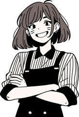 Confident Anime Character in Striped Shirt and Overalls with Short Hair Smiling