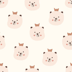 Repeating bear faces with crowns create a playful kids seamless pattern. vector illustration