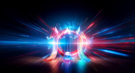 Fototapeta premium Abstract glowing circular shape with blue and red light rays creates a futuristic and dynamic visual against a dark backdrop. The luminous ring emits intense beams of light.