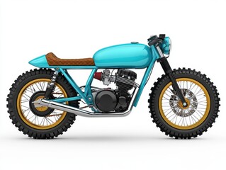 Fototapeta premium Light blue custom motorcycle with brown leather seat, large off road tires, and gold rims, shown in side profile against a white background.