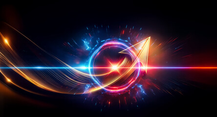 Fototapeta premium Vibrant abstract design featuring luminous blue, orange, and red curved streaks against a dark backdrop. A central circular element radiates bright light, creating a futuristic and dynamic effect.