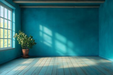 Sunlit Teal Room Corner Wooden Floor, Plant in Pot
