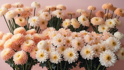 Light-colored chrysanthemums in soft pink and peach hues showcased in lush bouquets with green leaves against a pastel pink background.