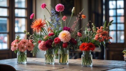 Colorful floral arrangements in glass vases center table, featuring pink, orange, and purple blooms against a rustic wooden backdrop.