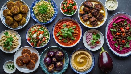 Colorful Mediterranean feast featuring an array of dishes on a dark background, including salads, hummus, eggplant, and falafel arranged artistically.