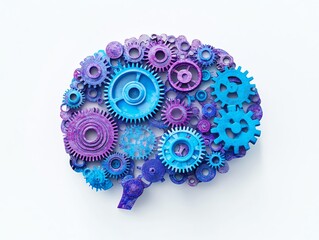 Abstract brain shape formed by blue and purple gears on a white background Concept of creativity and innovation 3D Rendering