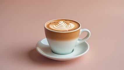 Creamy latte art in a white cup on a pale pink background, featuring intricate leaf design and soft gradient from beige to light blue.